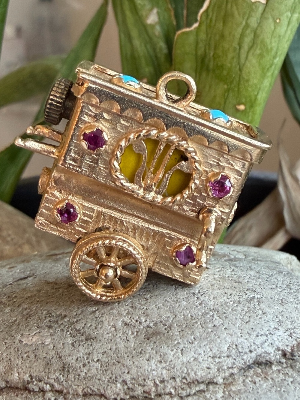 14k Gold Carnival Cart Charm with Stones